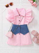 Young Girl Summer Dress Sweet And Cute Style, Spliced With Ruffle Trim And Short Sleeves, Cool And Breathable, Imitation Denim Spliced Dress